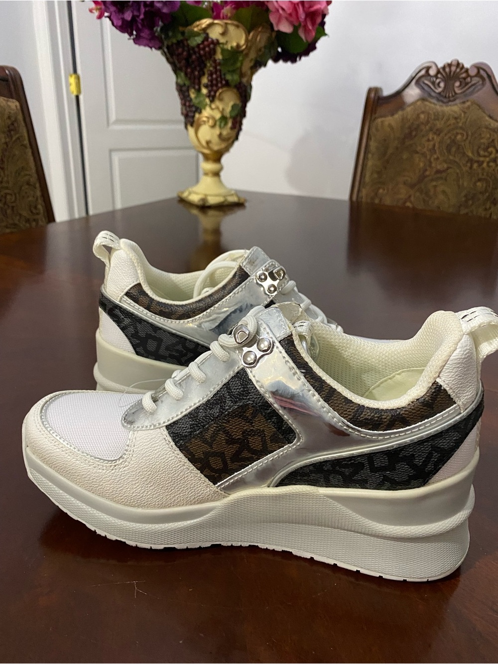 DKNY White and Brown Logo Platform Sneakers